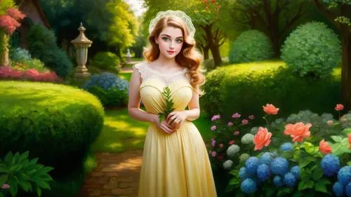 Romantic masterpiece oil painting, cute girl portrait, nostalgic 1950's style kitsch, hedge garden landscape, lush botanical garden scenery, by Thomas Kinkade,girl in the garden,girl in flowers,yellow