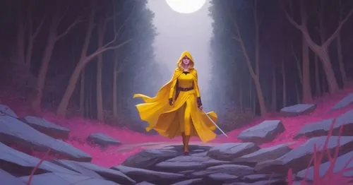 there is a painting of a woman in a yellow raincoat,yellow jumpsuit,ballerina in the woods,yellow background,austra,eilonwy,defence,Illustration,American Style,American Style 11