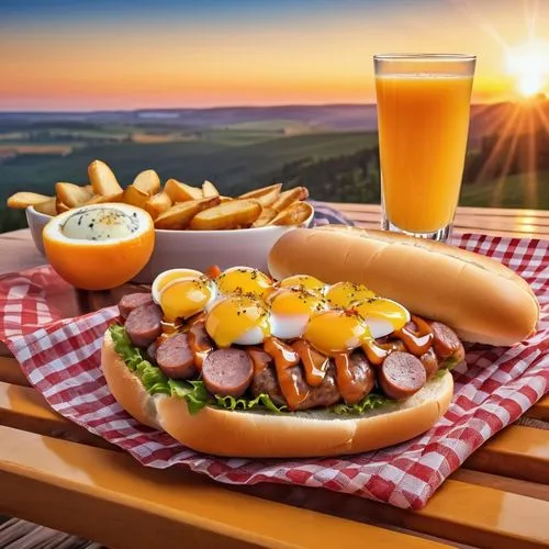 delicioso hot dog, suculento pão macio, salsicha saindo pelas laterais, fumaça saindo por cima bastante batata palha e dois ovos de codorna por cima, encima de uma mesa copo de suco de laranja ao lado