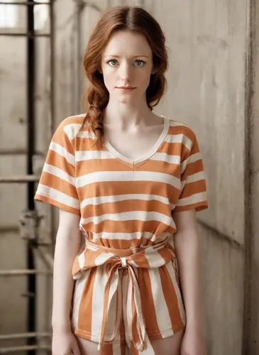 horizontal stripes,prisoner,raggedy ann,stripes,prison,striped background,liberty cotton,striped,orange,handcuffed,one-piece garment,jumpsuit,clove,pippi longstocking,tied up,redhead doll,stripe,captivity,orange robes,candy cane stripe