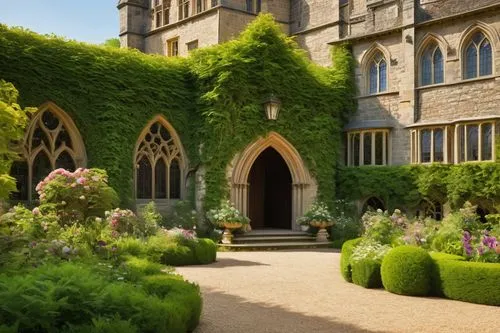 Norfolk-inspired architectural design, medieval-era influenced, grand stone mansion, intricately carved wooden doors, stained glass windows, Gothic-style pointed arches, ornate facades, imposing tower