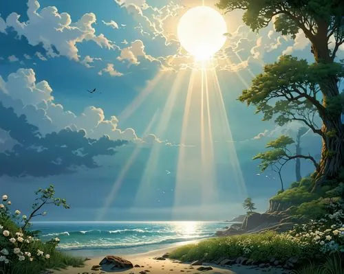 landscape background,sun and sea,bright sun,beach landscape,sun rays,sunrays,sun moon,fantasy landscape,fantasy picture,sunburst background,beach scenery,sun ray,coastal landscape,god rays,rays of the sun,summersun,dream beach,sunray,sunlight,sunbeams,Illustration,American Style,American Style 04