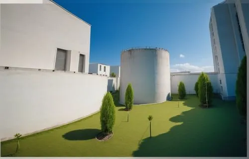 Make the image look realistic with textures, white buildings, green trees, clear blue sky by day, walkable cement textured floor,cooling towers,concrete plant,industrial landscape,silo,panoramical,vir