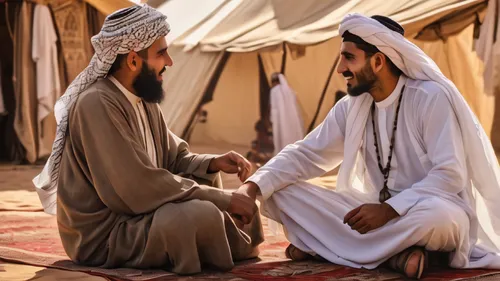 An Ahwazi man and a Haji under the tents of Medina talking to his friend in ancient times,bedouins,mandaeans,bedouin,emirati,sheikhs,emiratis,kuwaiti,bahrainis,baniyas,yemenites,sheikh zayed,tinariwen