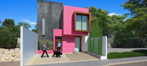 CASA ESTILO MINIMALISTA UBICADA, COMBINANDO LOS COLORES VIBRNTES DE LA ARQUITECTURA MEXICANA Y LA PIEDRA DE RECINTO,  EN UN FRACCIONAMIENTO CON VEGETACIÓN EXUBERANTE, PERSONAS,ARBOLES, PALMERAS, CORRE