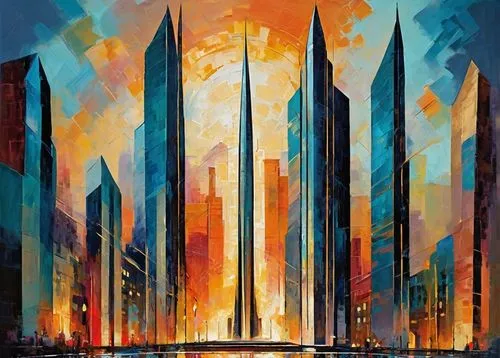 skyscrapers,metropolis,cityscape,skyscraper,supertall,megacorporation,the skyscraper,coruscant,skylstad,coruscating,city skyline,burj,travel poster,ctbuh,skycraper,international towers,megalopolis,urban towers,colorful city,megacorporations,Conceptual Art,Oil color,Oil Color 20