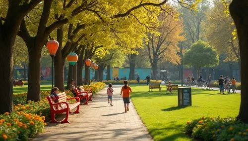 Vibrant park scene, tangerine colored benches, surrounded by lush greenery, blooming flowers of yellow and orange hues, tall trees with intricate branches, paved walkways, sunny afternoon, warm soft l