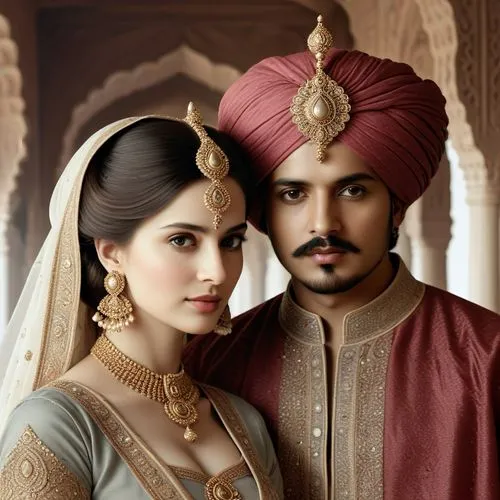 mughal king and queen,an indian man and woman in traditional clothing standing together,bajirao,sabyasachi,sherwani,beautiful couple,rajput,maharaja