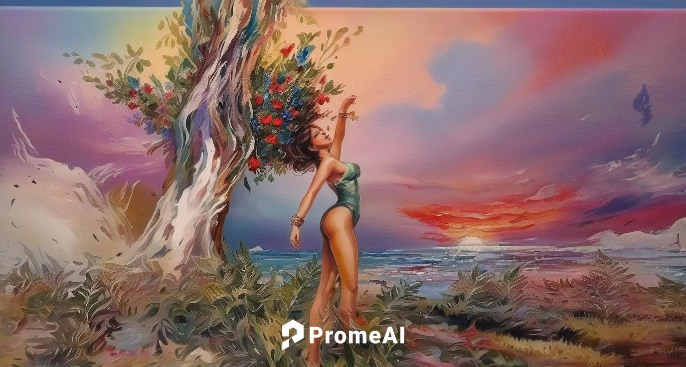 girl with tree,burning bush,mother earth,dryad,garden of eden,mother nature,argan tree,psychedelic art,art painting,colorful tree of life,fantasy art,glass painting,oil painting on canvas,desert rose,