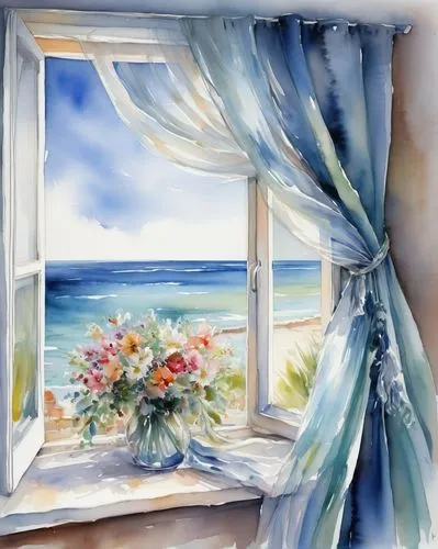 window with sea view,watercolor frame,watercolor background,watercolour frame,window curtain,window valance,window treatment,watercolor painting,bedroom window,window covering,french windows,bay window,window front,watercolor paint,window view,window,open window,watercolor,window with shutters,the window,Illustration,Paper based,Paper Based 11