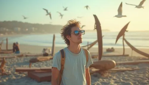 Modern university student, casual wear, sunglasses, messy hair, beach volleyball, galvanized steel sculptures, driftwood, rusty metal decorations, weathered concrete benches, waves crashing, seagulls 