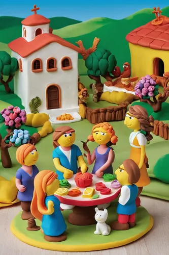 marzipan figures,wooden toys,gnomes at table,popeye village,jigsaw puzzle,frutti di bosco,clay figures,play figures,colomba di pasqua,eieerkuchen,clay animation,miniature figures,diorama,marzipan potatoes,reibekuchen,children toys,farmyard,round table,leittafel,florentine biscuit,Unique,3D,Clay