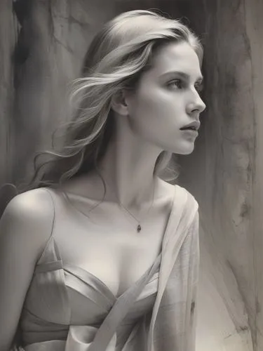 Black and white photo portrait of a public figure.,a woman in an artistic po, she is holding her hand on her chest,margaery,charcoal drawing,behenna,pencil drawings,charlize,margairaz,Photography,Blac