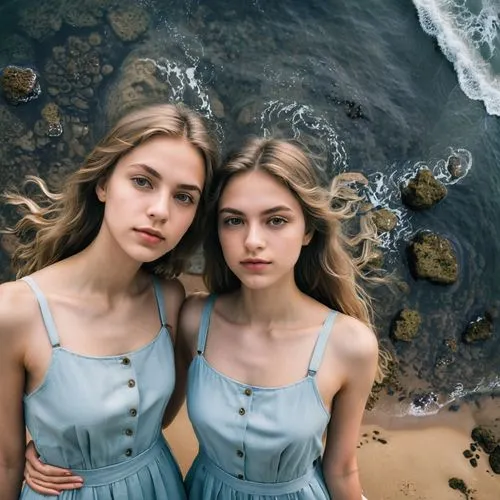 two girls,twin flowers,sisters,young women,natural beauties,vintage girls,beautiful photo girls,models,overalls,sirens,girl in overalls,blue lagoon,mermaids,denim fabric,angels,denim jumpsuit,duo,two beauties,blue waters,blue daisies,Photography,Documentary Photography,Documentary Photography 09