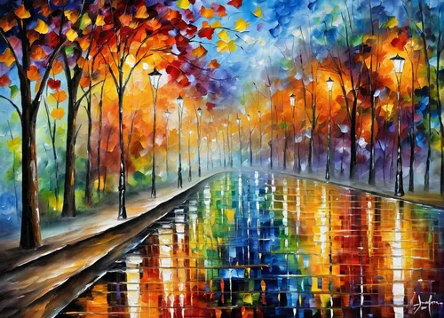 oil painting on canvas,autumn landscape,autumn background,art painting,walking in the rain,oil painting,the autumn,street lights,autumn scenery,colorful background,fall landscape,tree lined lane,light rain,boulevard,oil on canvas,watercolor background,autumn theme,autumn leaves,autumn trees,abstract painting,Illustration,Paper based,Paper Based 24