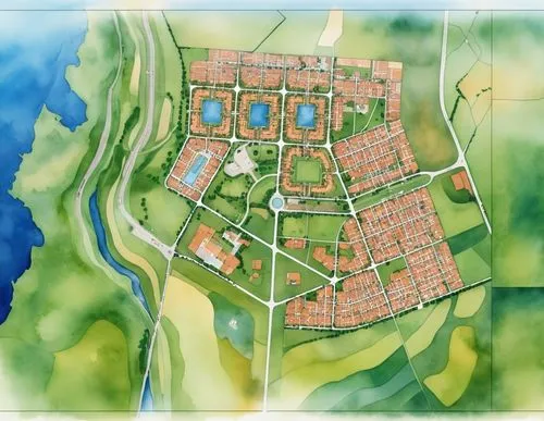 This is a masterplan of the country rendered in a watercolor style. ,the plans of an apartment complex near a lake,ecovillages,europan,villaggio,philippopolis,avernum,aerotropolis,Photography,General,