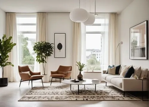 Modern minimalist living room, Scandinavian furniture, marble coffee table, geometric patterned rug, floor-to-ceiling windows, sheer white curtains, industrial chic pendant lamp, creamy white walls, s