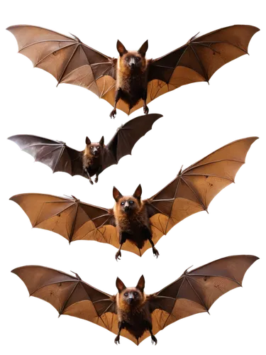 Dark brown bats, transparent background, solo, flying pose, outstretched wings, sharp claws, beady eyes, furry body, delicate wrinkles, soft lighting, cinematic composition, shallow depth of field, wa