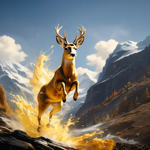 gold deer,deer illustration,elk,glowing antlers,the spirit of the mountains,deer drawing,mountain spirit,deer,whitetail,digital compositing,antelope,alpine ibex,deer in tears,deer bull,hunting scene,flame spirit,male deer,animals hunting,free deer,fantasy picture