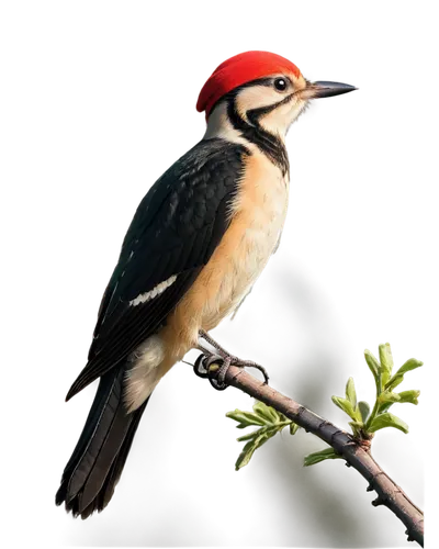 Woodpecker, solo, small bird, bright red cap, black back, white belly, strong beak, sharp claws, perched, leaning forward, green branch, morning sunlight, shallow depth of field, 3/4 composition, warm