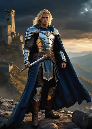 Muscular male warrior, fantasy art, battle-worn armor, silver gauntlets, broadsword on back, flowing blonde hair, piercing blue eyes, scar above left eyebrow, rugged facial features, strong jawline, t