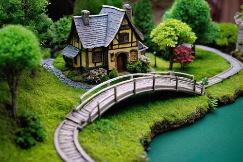 miniature landscape, detailed smallland, custom modifications, tiny houses, scaled trees, artificial river, model train, textured grass, realistic miniature roads, small-scale cars, enhanced lighting,