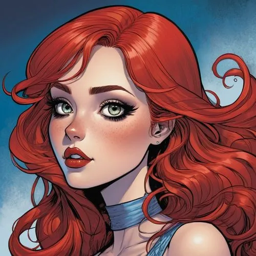 A fair-skinned, pretty girl with big eyes and double eyelids, very long eyelashes, bold makeup, and long red wavy hair, by Brian Stelfreeze,madelyne,rahne,siryn,romanoff,palmiotti,mera,clary,amora,mac