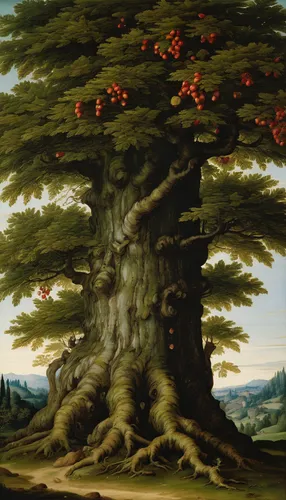 Imagine a fantasy world where red horse chestnuts hold magical powers. Describe a magical spell involving these trees.,oak tree,robert duncanson,flourishing tree,vinegar tree,two oaks,fig tree,chestnu