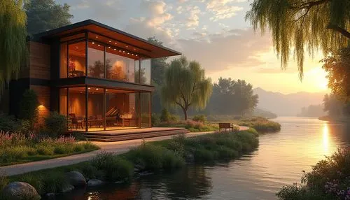 house by the water,house with lake,summer cottage,home landscape,houseboat,beautiful home,dreamhouse,3d rendering,wooden house,summer house,houseboats,modern house,floating huts,boathouse,asian architecture,cottage,lake view,river side,boat house,landscaped,Photography,General,Realistic