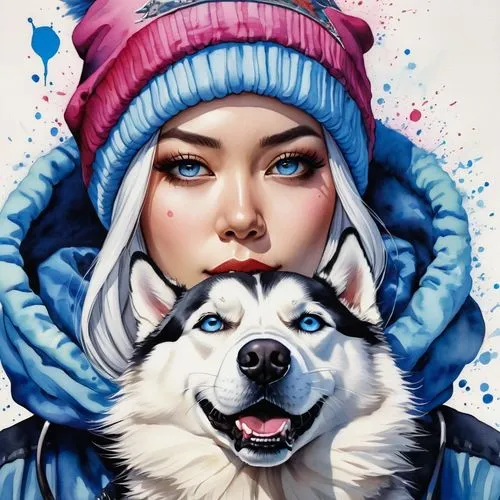 girl with dog,husky,dogsledding,huskies,winterblueher,huskie,eskimo,akitas,huskic,sled dog,vasak,dogsled,polar,malamutes,mei,white fur hat,chukchi,white wolves,custom portrait,ssx,Illustration,Abstract Fantasy,Abstract Fantasy 10