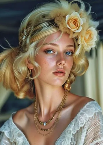 an attractive woman in white dress with flower in her hair,bridal jewelry,vintage makeup,ginta,vintage girl,blond girl,vintage angel,Photography,General,Realistic