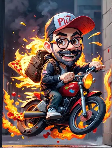 character is a pizza delivery man, wears dark glasses, has no beard, has a backpack with pieces of pizza flying due to the speed of the motorcycle he rides, fire comes out of the motorcycle's exhaust
