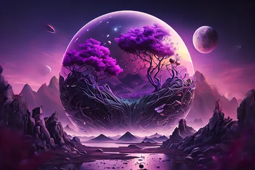 purple landscape,alien planet,fantasy landscape,alien world,mushroom landscape,purple moon,lunar landscape,3d fantasy,fantasy picture,geode,ipê-purple,valley of the moon,wall,crystal egg,fairy world,f