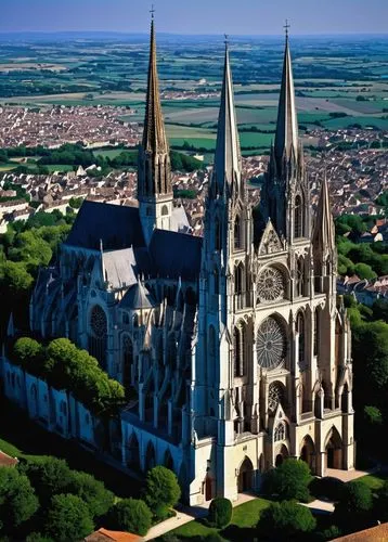 Gothic cathedral, Chartres architecture, grand, majestic, intricate stone carvings, stunning stained glass windows, vibrant blue and red hues, ornate facades, soaring vaulted ceilings, ribbed arches, 