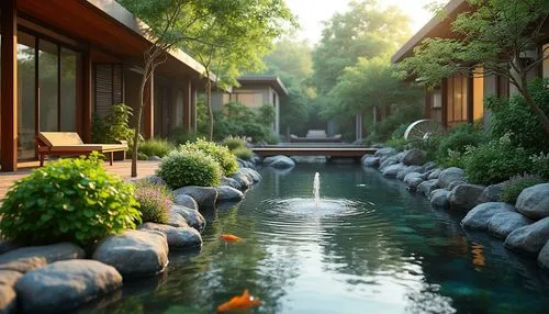 Soothing water fountain, serene koi pond, tranquil river flow, lush greenery surroundings, vibrant flowers blooming, natural stone walkways, wooden bridges, rustic waterwheel, modern minimalist archit