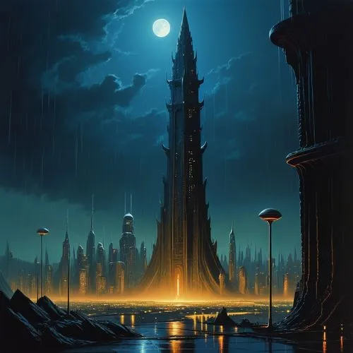 futuristic landscape,coruscant,gallifrey,orthanc,spires,barad,Conceptual Art,Sci-Fi,Sci-Fi 16