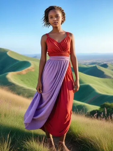 A small brown and white girl with a red dress, braided and ripped off, stands proudly on a grassy hill overlooking a African sun-kissed landscape. The bent leg, proudly draped tightly, adds a touch of