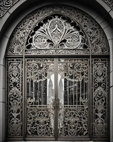 iron door,art nouveau frame,front gate,front door,church door,main door,iron gate,steel door,art nouveau frames,wrought iron,portal,ironwork,garden door,window with grille,gate,metal gate,entranceway,doors,wood gate,entrada,Illustration,Black and White,Black and White 11