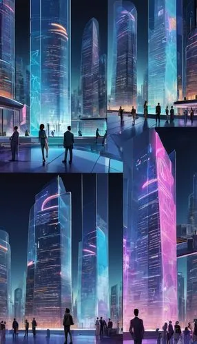 Modern skyscraper, futuristic cityscape, sleek glass facade, metallic structure, intricate details, 3D rendering, neon lights, vibrant colors, urban landscape, aerial view, panoramic composition, high