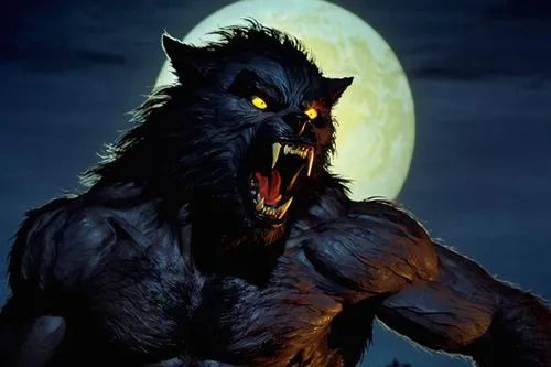 Werewolf, solo, full moon background, sharp teeth, glowing yellow eyes, furry face, sharp claws, ripped shirt, messy hair, beard, muscular arms, chest hair, howling, night, misty atmosphere, backlight