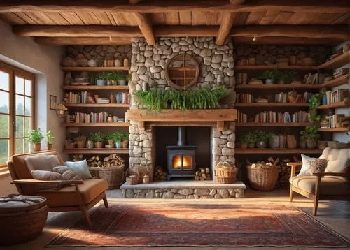 fireplace,fire place,fireplaces,coziness,warm and cozy,livingroom,living room,coziest,sitting room,rustic aesthetic,country cottage,beautiful home,family room,inglenook,cozier,home interior,nook,summer cottage,bookshelves,log home,Illustration,Realistic Fantasy,Realistic Fantasy 27