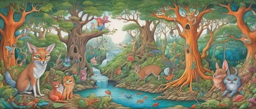 cartoon forest,fairy forest,elven forest,woodland animals,enchanted forest,hare trail,forest animals,forest glade,riparian forest,rabbits and hares,hare field,forest background,rabbits,fairy world,tree grove,fairytale forest,forest of dreams,the forest,fairy village,the forests,Illustration,Abstract Fantasy,Abstract Fantasy 23