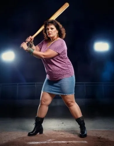 45-year-old overweight woman, serious expression, doc Martin boots, bangles, and bracelets,an image of a woman with a bat,slugger,ballplayer,pitchwoman,baseball player,margolyes,baseballer