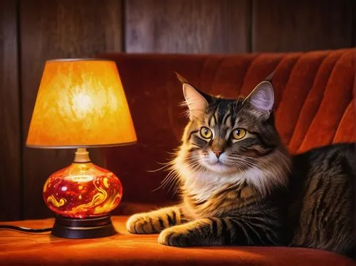 maincoon,american bobtail,halloween cat,domestic long-haired cat,american wirehair,norwegian forest cat,british longhair cat,cat portrait,cat image,siberian cat,floor lamp,spot lamp,animal photography,pet portrait,american curl,vintage cat,red tabby,cat european,bedside lamp,table lamp,Conceptual Art,Fantasy,Fantasy 08