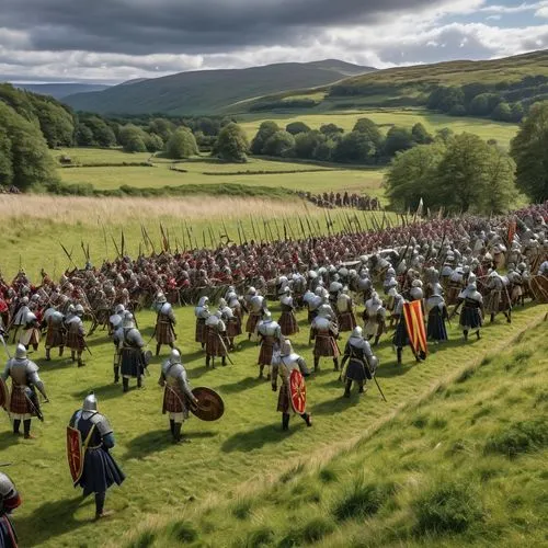 medieval battle, scotland, landscape,several people are in medieval costumes playing with swords,clanranald,bannockburn,highland games,saxons,outlanders,spearmen,Photography,General,Realistic