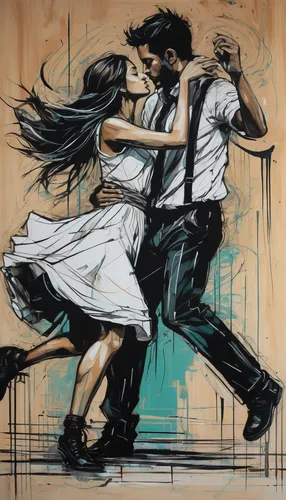 Depict the intense emotions of a passionate dance by using a combination of bold black strokes and delicate white lines.,argentinian tango,dance with canvases,latin dance,dancing couple,salsa dance,ta