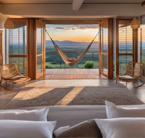 view from a 5-star hotel bedroom overlooking the south-african landscape, woman relaxing on a hammock
luxury eco interior design 
An overall sense of place, connection, and elevated hospitality
warm, 