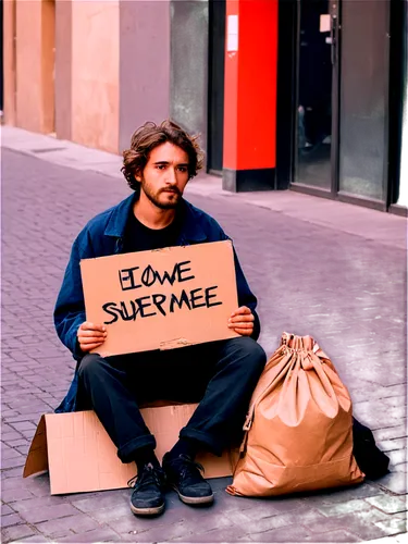 Homeless person, sad expression, worn-out clothes, dirty shoes, torn backpack, holding a cardboard sign, sitting on street corner, urban background, warm sunlight, shallow depth of field, cinematic co