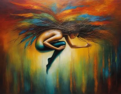 icarus,oil painting on canvas,volar,dream art,surrealism,imaginacion,girl upside down,fluidity,sirene,psychosynthesis,varekai,repulsion,savickas,samuil,expulsion,siren,somersault,hallucination,surrealist,shamanic,Illustration,Realistic Fantasy,Realistic Fantasy 34