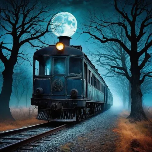 ghost locomotive,ghost train,moon car,the train,blue moon,wooden train,old train,railroad car,train,train of thought,train car,train cemetery,last train,electric train,special train,early train,full moon,train way,moonlit night,passenger train,Illustration,Realistic Fantasy,Realistic Fantasy 35